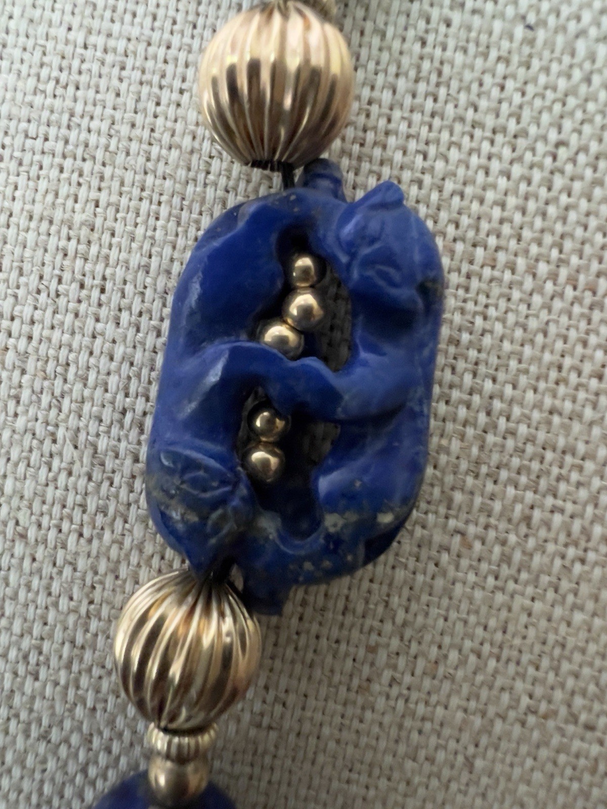 Vintage Lapis Lazuli and 14K Beads Hand Knotted 30” Necklace With Figural Beads