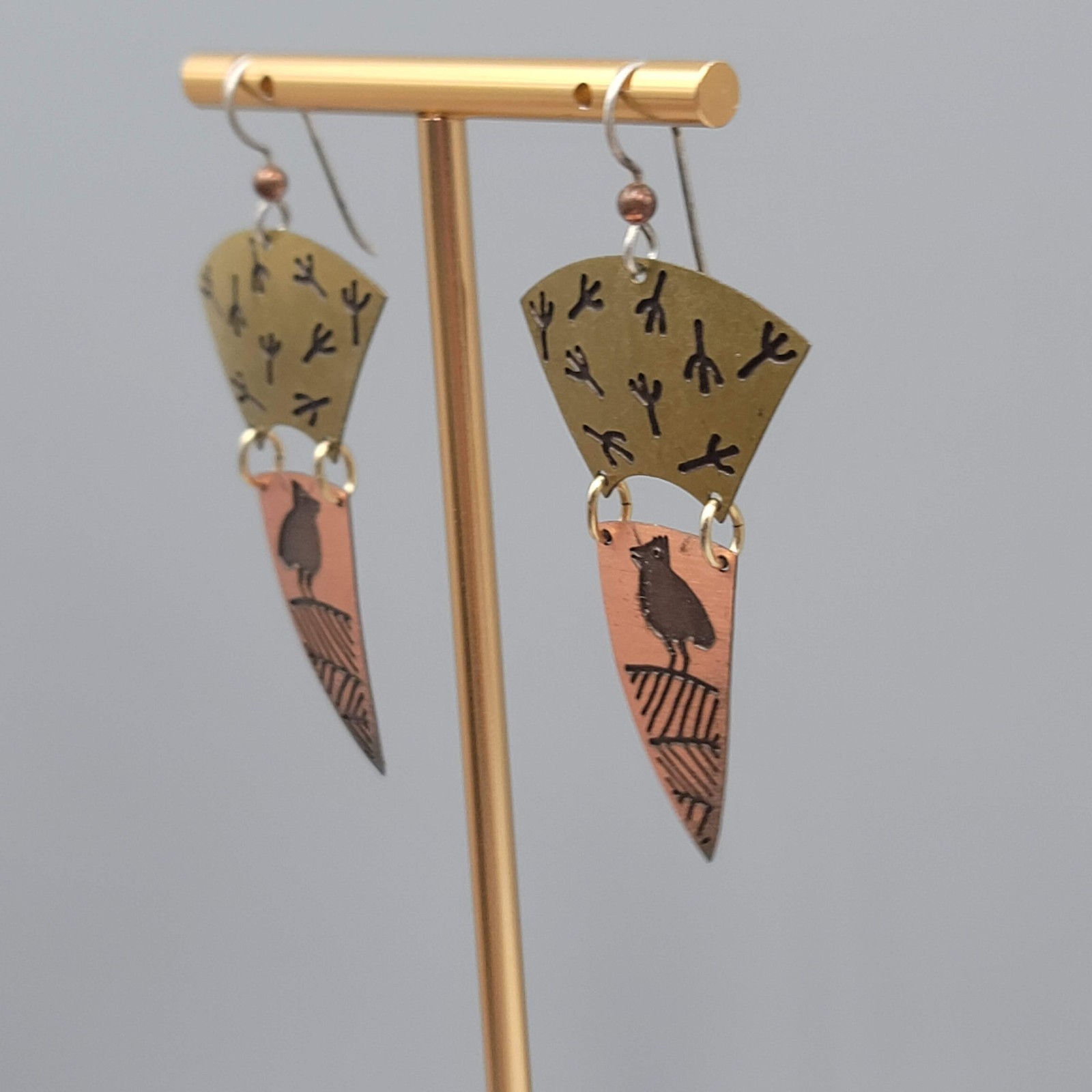 Vintage Bird Design Brass & Copper Pierced Earrings Dangle 2″