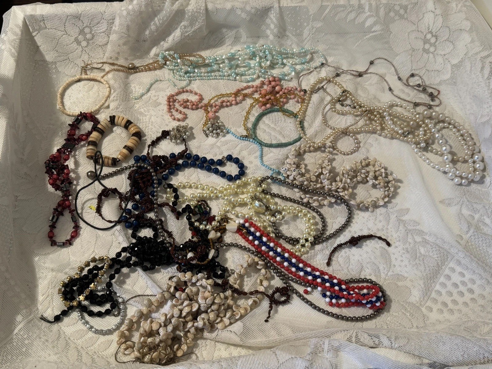 Vtg Junk Jewelry Lot- Most Wearable Beads, Shells, Different Beaded Materials