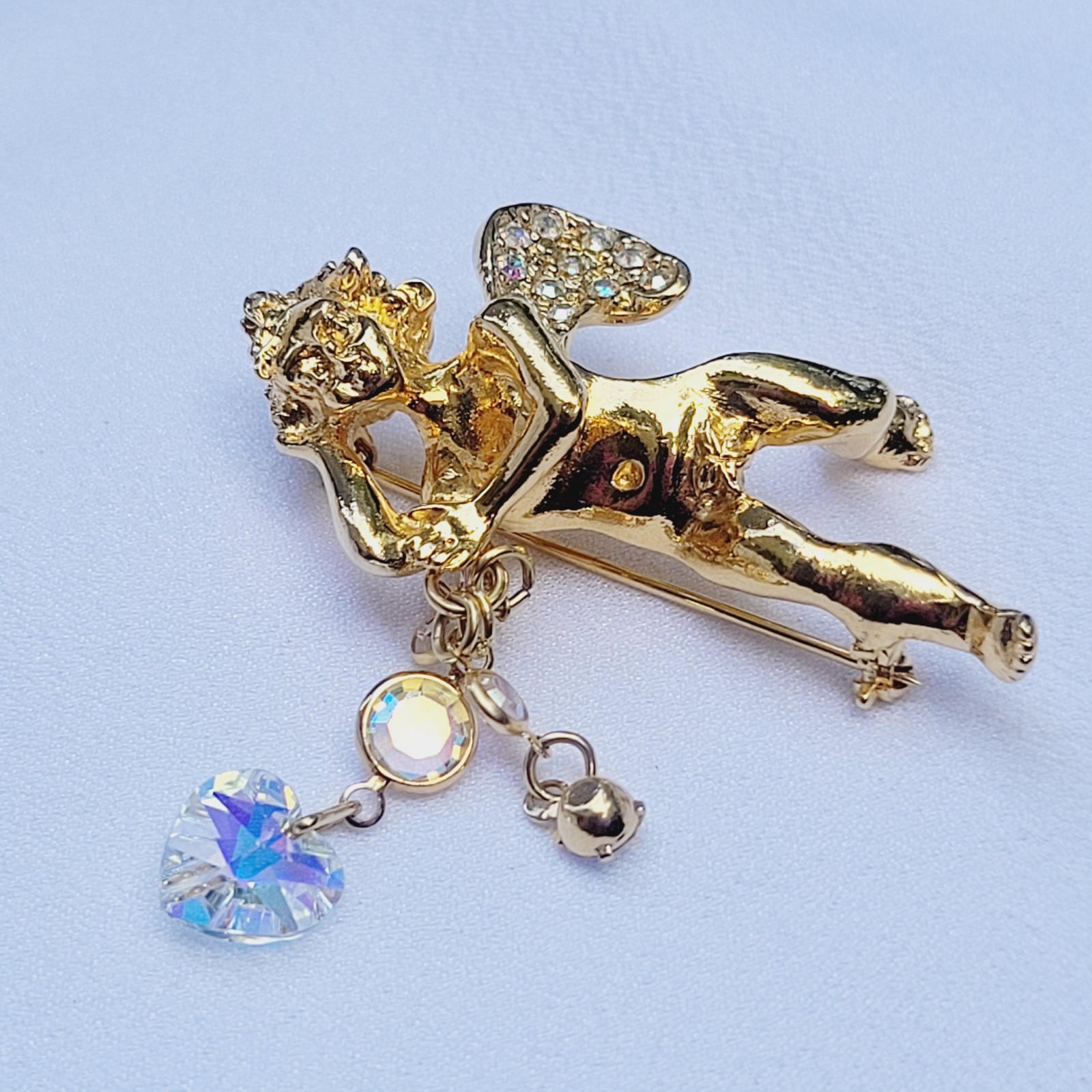 Kirks Folly Angel Brooch & Scallop Seashell Earrings Clip On Goldtone Crystals