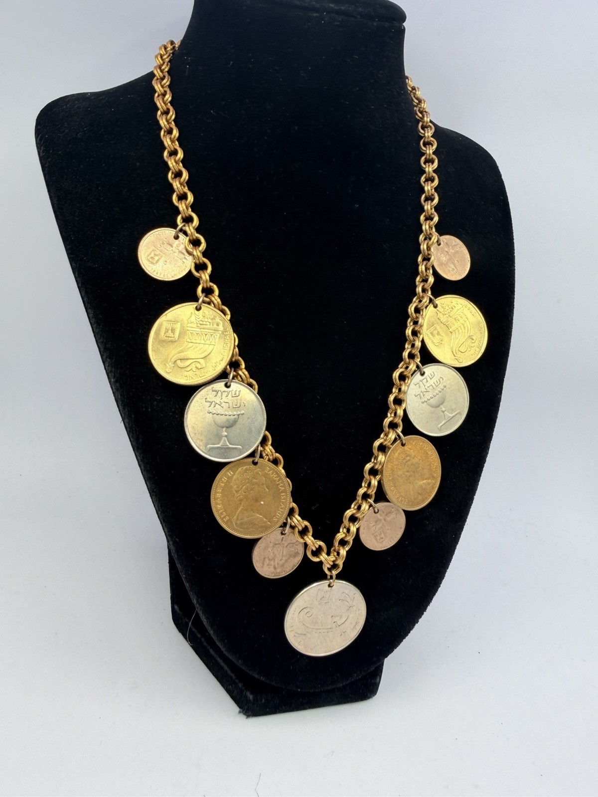 Vintage Coin Necklace Israel Bahamas Mixed Coins Charms 18” Gold Tone Chain HJ