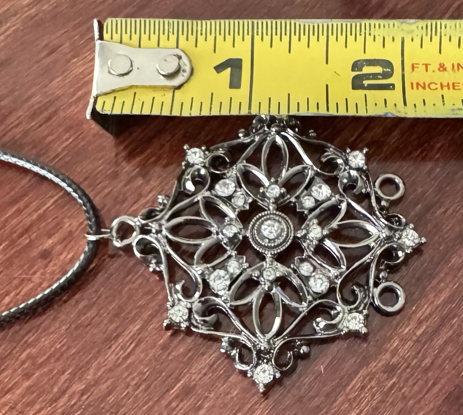 Vintage Silvertone Swirl & Rhinestone Pendant On Leather Cord Necklace 16”