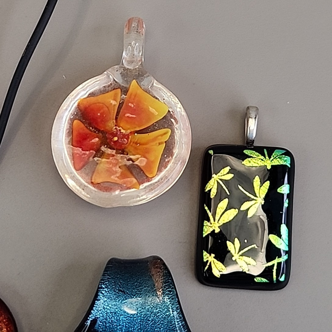 Vintage Glass Pendant Lot of 8 Red Artisan Foiled Fused One Cord