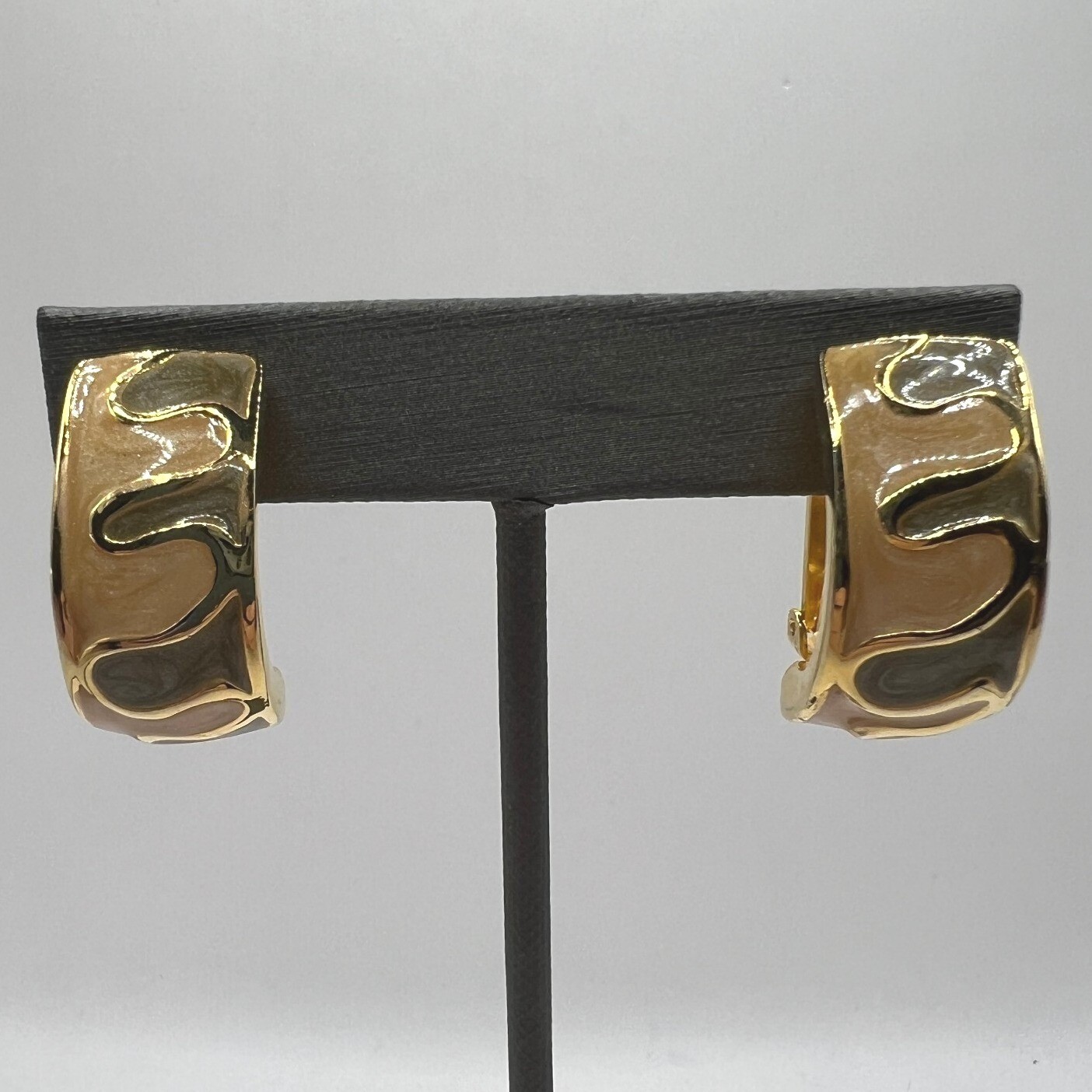 Vintage Clip On Earrings Half Hoops Peach Gray Brown Enamel Gold Tone