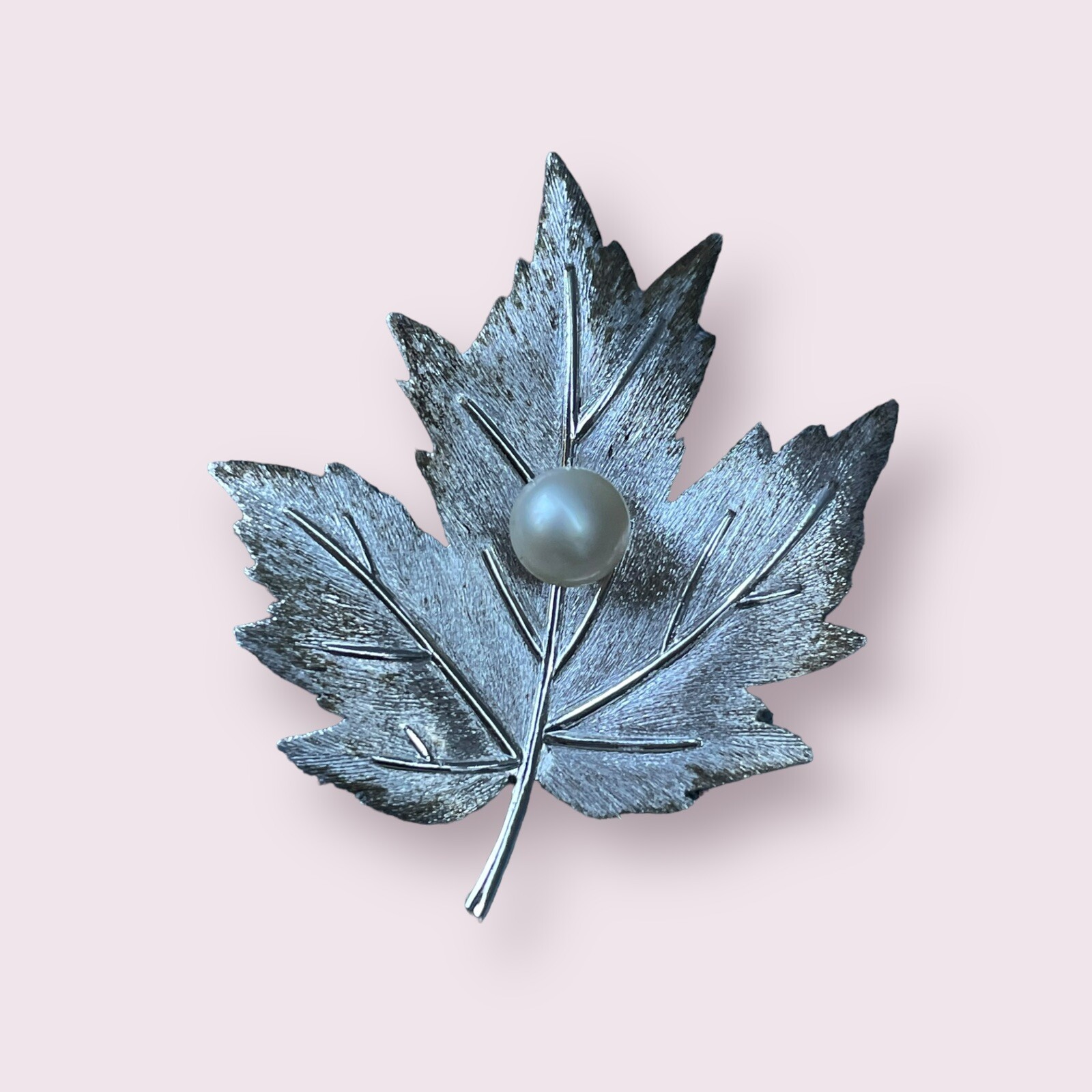 Vintage Mikimoto Sterling Silver Cultured Pearl Maple Leaf Brooch Pin