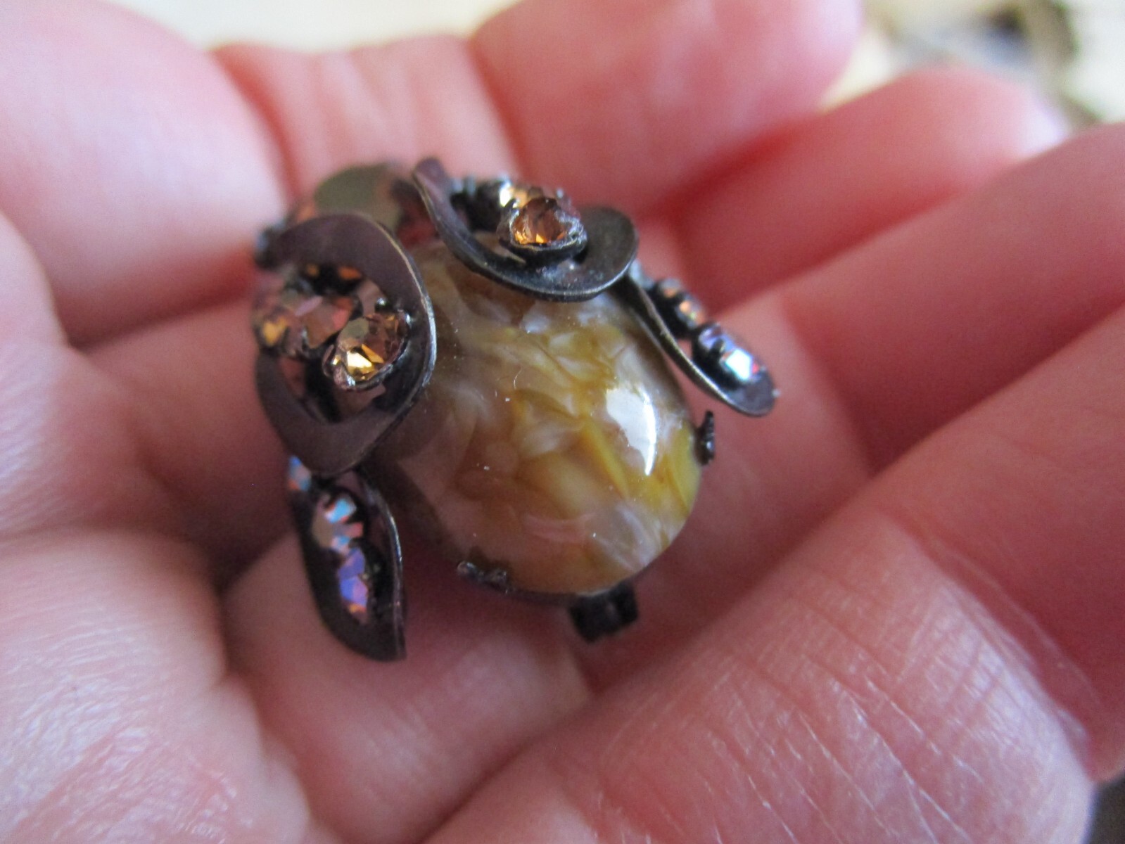 Unsigned Warner Vintage Bug Brooch, Brown/white rhinestone dark metal FE24-19