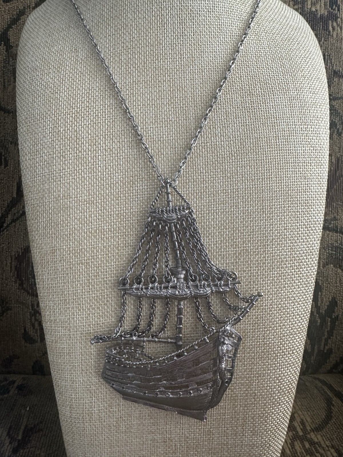 Vintage Sailing Ship Necklace Silver Tone Big Nautical Pendant Brutalist 60s 70s