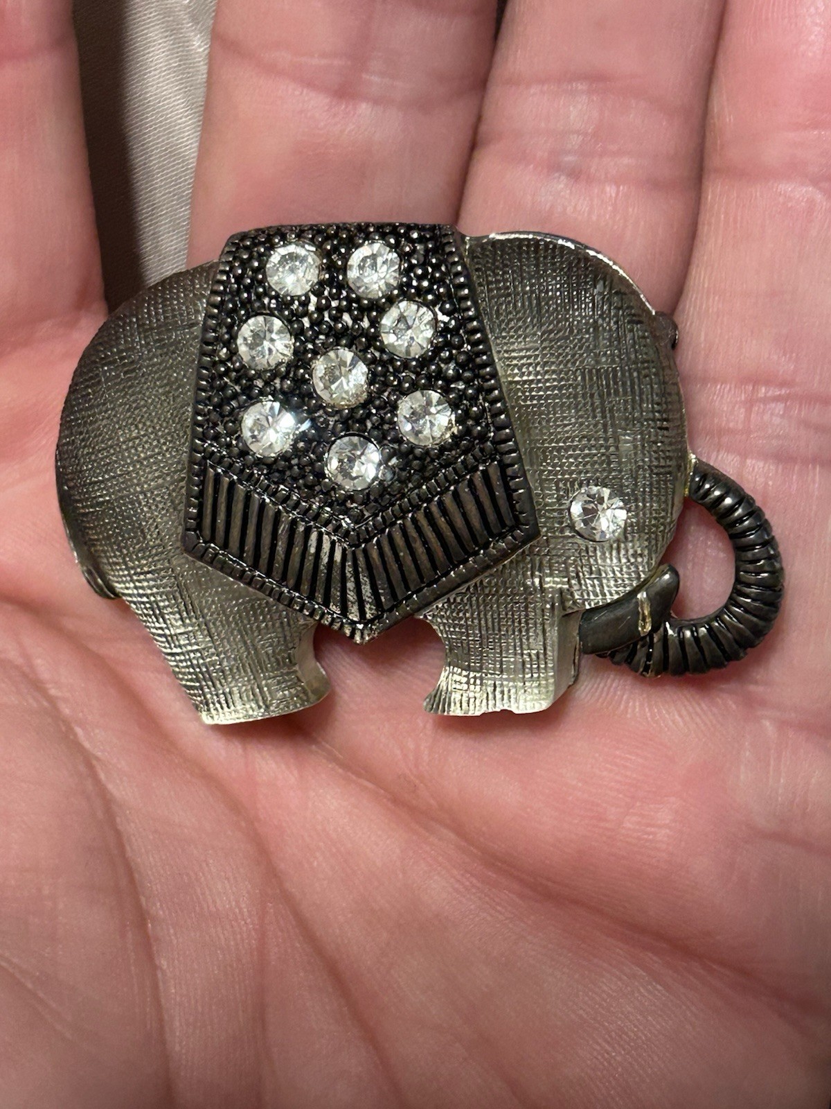 Vintage Resin & Hammered Metal Elephant Brooch Pin Rhinestone Embellished