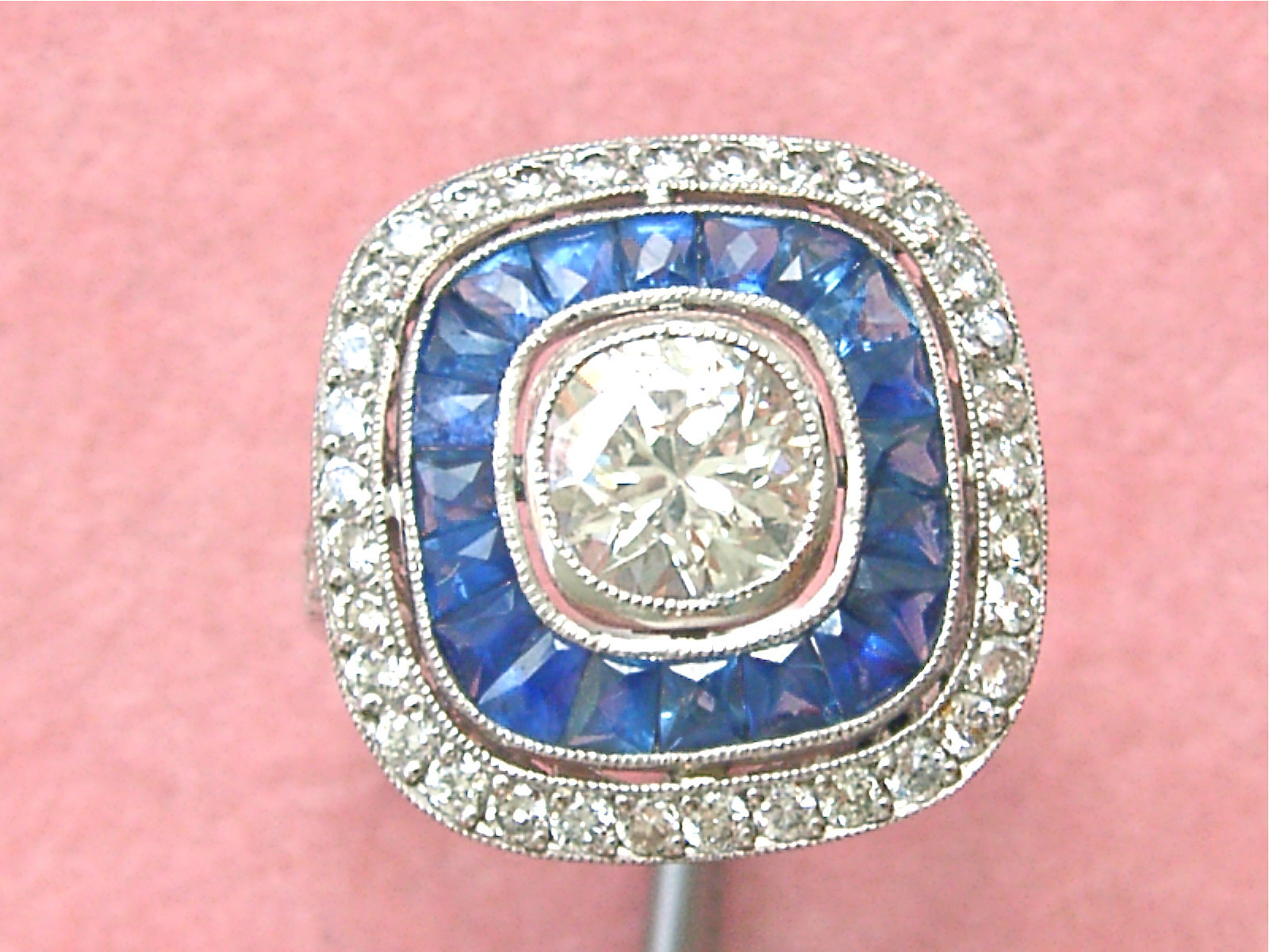 ART DECO 1.97ctw DIAMOND 1.2ctw SAPPHIRE HALO ENGAGEMENT CUSHION COCKTAIL RING