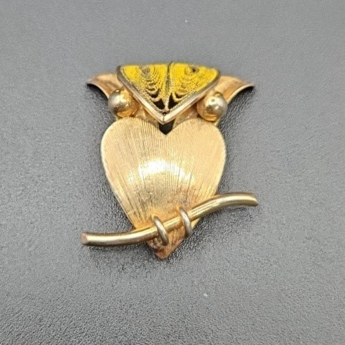 Vintage Signed CW 12K Gold Filled, Filigree Owl Pin Brooch