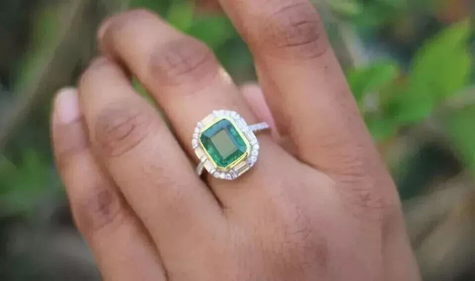 Art Deco Style Lab-Created Diamond & Emerald Cocktail Ring 14k White Gold Finish