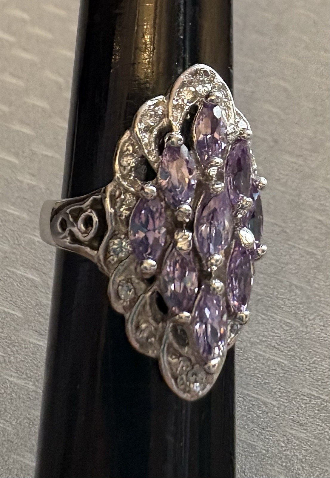 Vintage Sterling Silver Lavender Amethyst Marquise Gem Cluster Ring 925 size 6.5