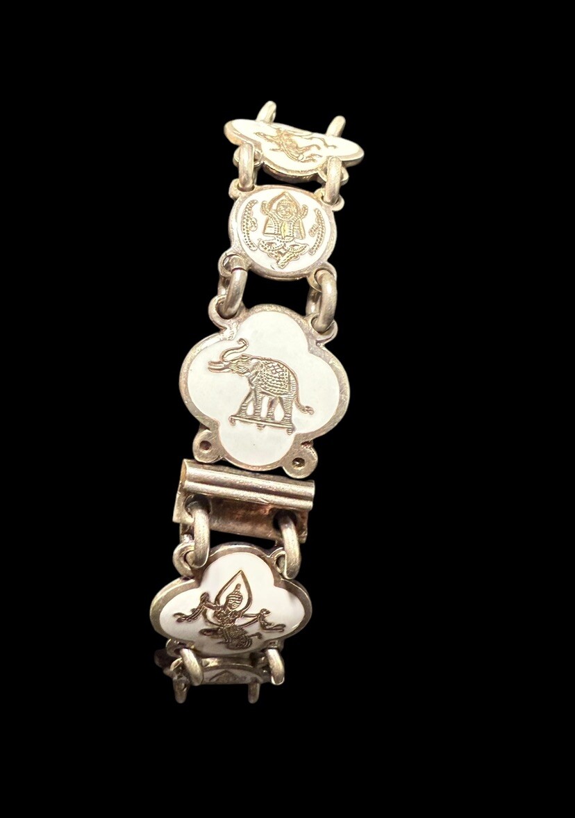 Vintage Sterling Silver Siam Dancers And Elephant Link Bracelet 7.25 in