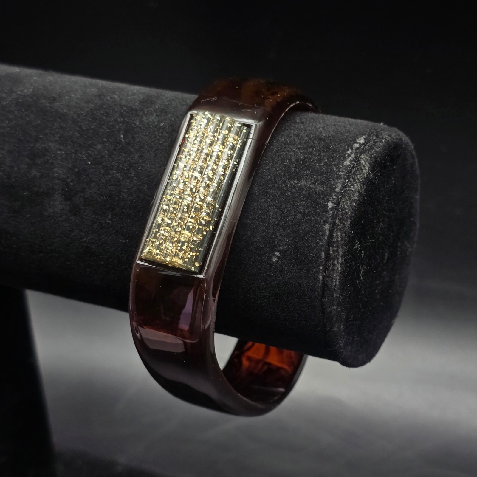 Brown Faux Tortoise Shell Bangle Bracelet with Gold Tone Glitter Accent Vintage