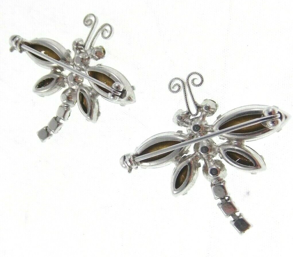 2pc Set Vintage 1.5″ Prong Set Rhinestone Dragonfly Brooch Insect Bug