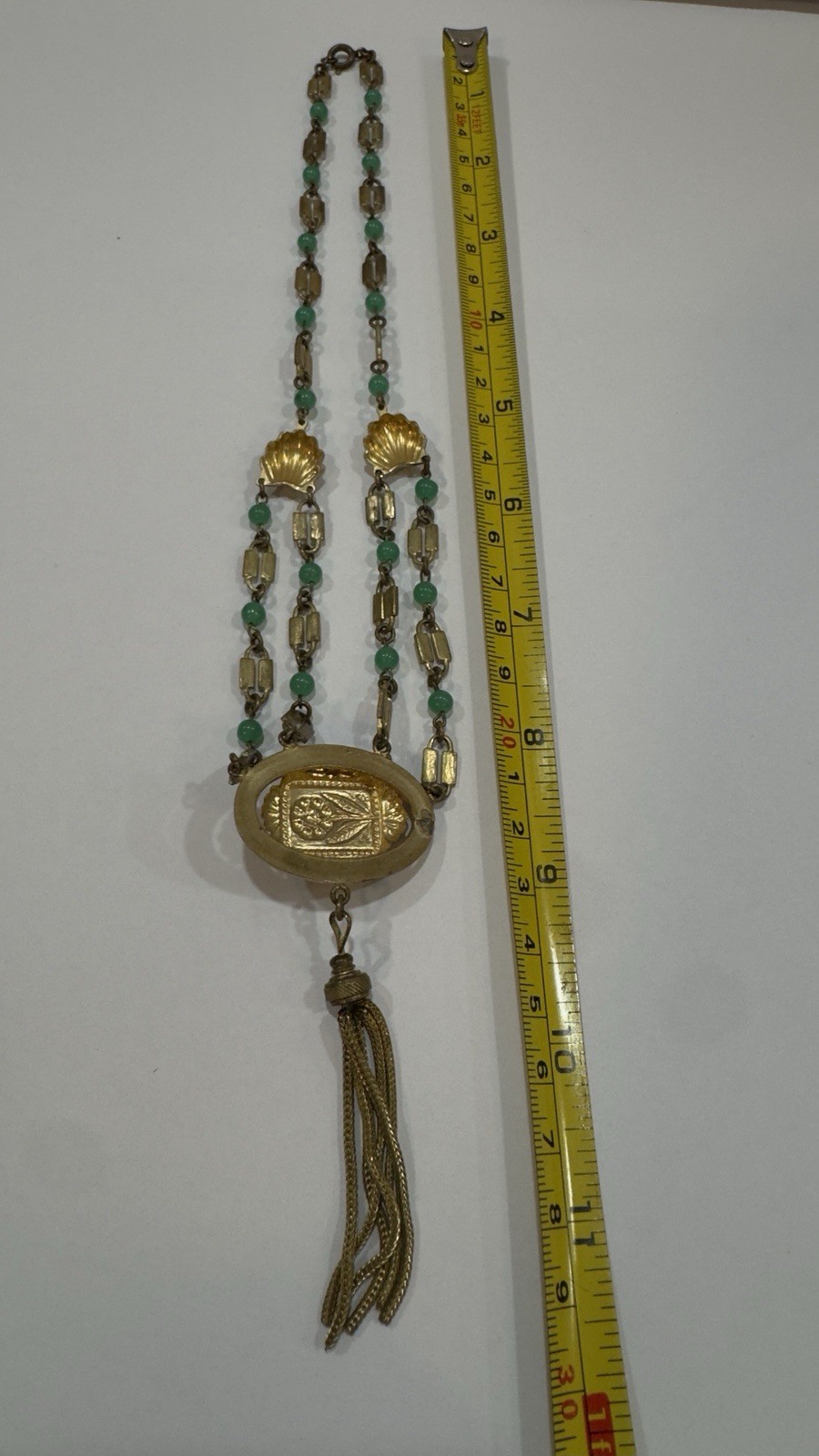 Antique Victorian Revival Green Chrysoprase Glass & Tassel Necklace Czech