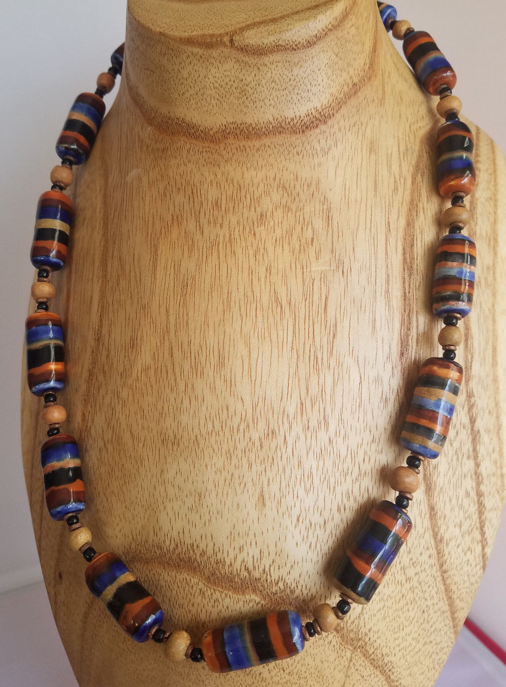 Vintage Ceramic Bead Necklace Orange Blue Brown Stripe Wood Beads Earth Tones