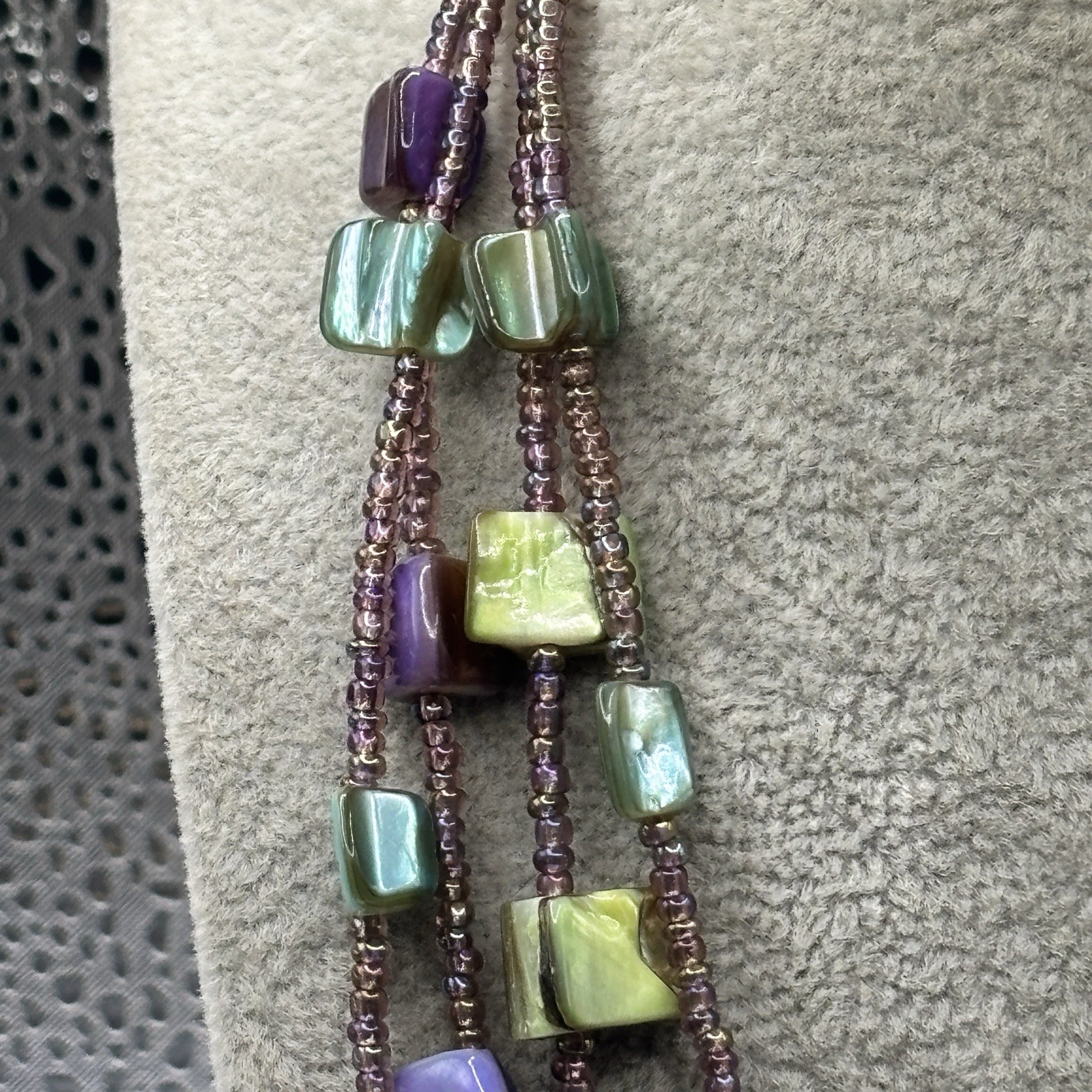 4-Strand Shell MOP Abalone Necklace Purple Blue & Seed Beads 15” + 2” Ext Jewels