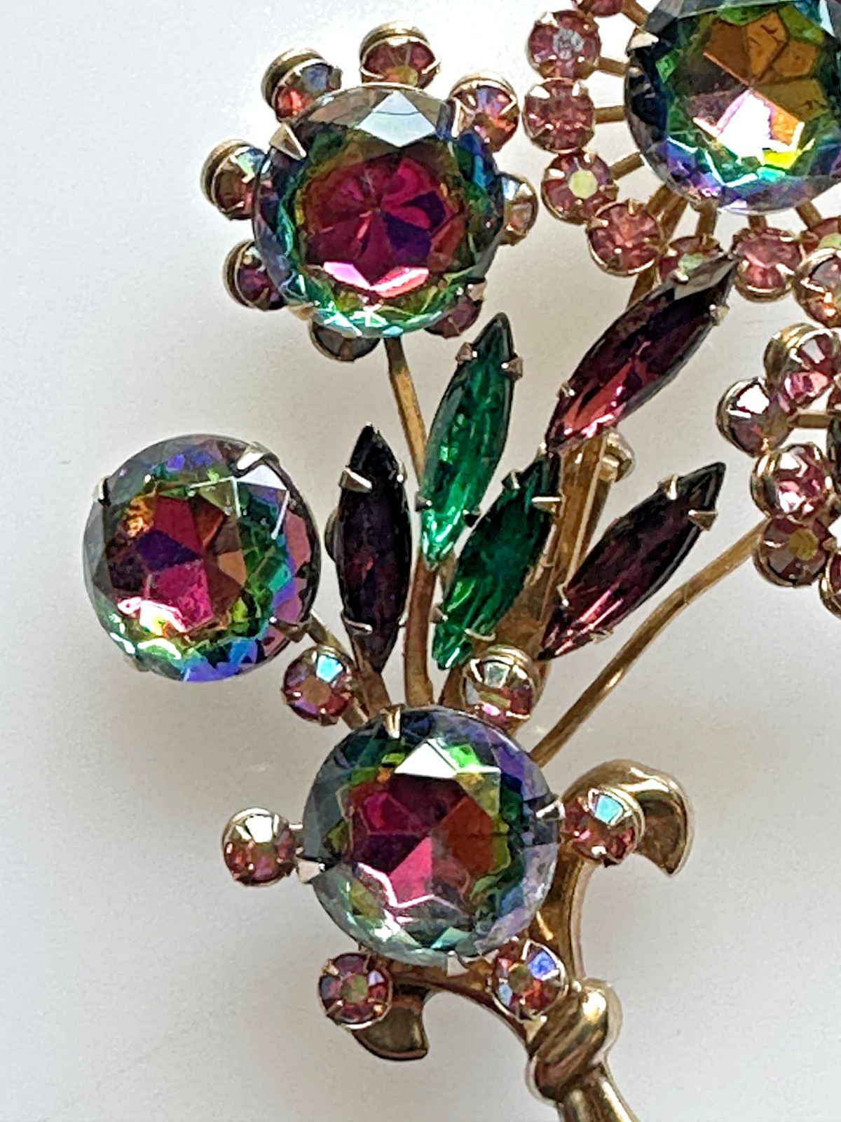 Vintage Large Watermelon AB Rhinestone Flower Bouquet Brooch Stunning Unsigned