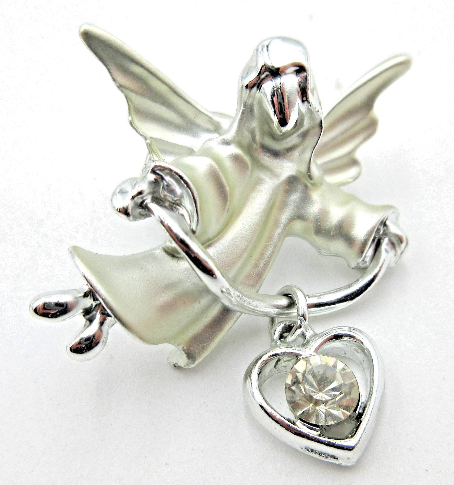 VTG GIUSTI ANGEL wing bell heart charm clear rhinestone silver tone LAPEL PIN