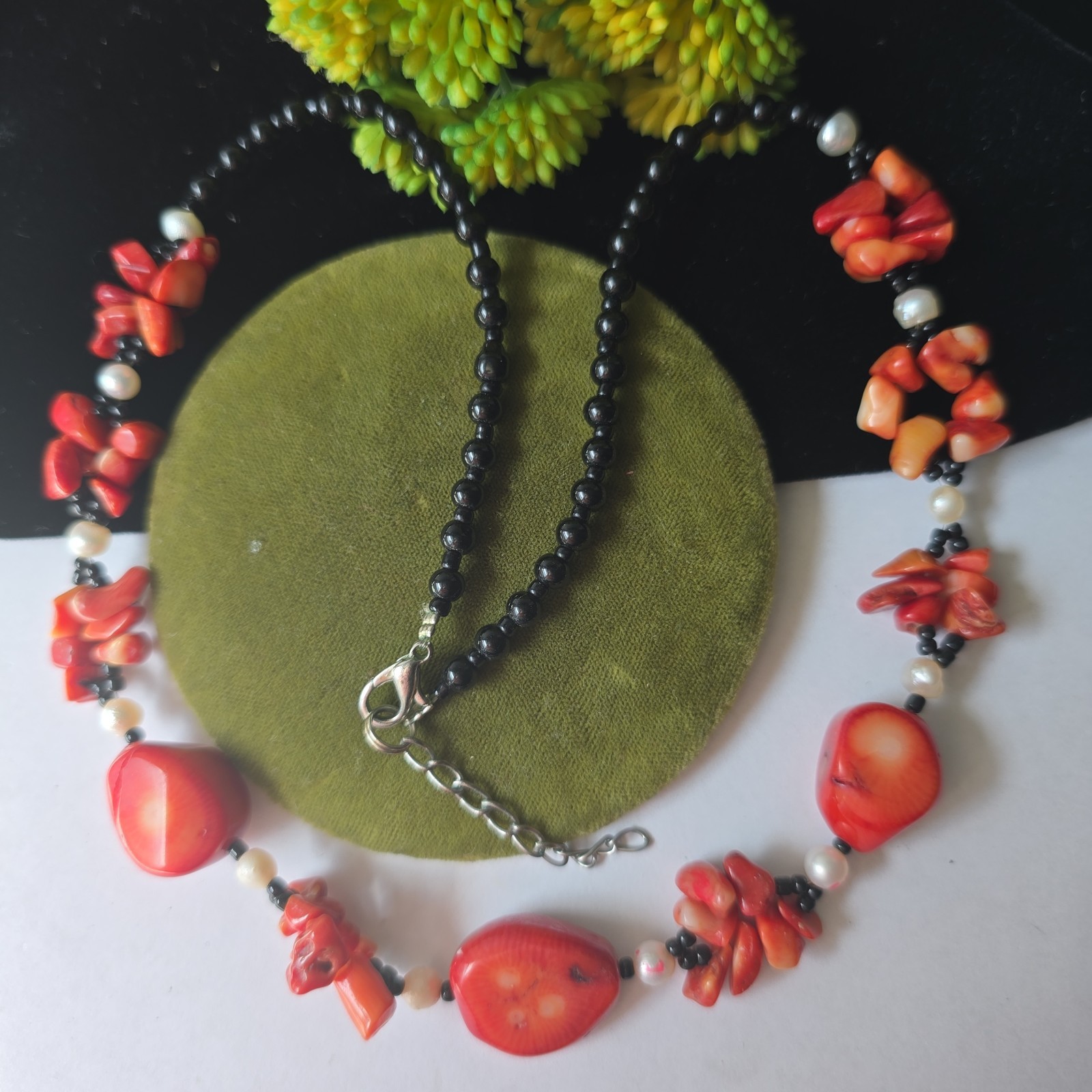 Vintage Genuine Red Coral Freshwater Pearls Black Onyx Beads Necklace 20″L Retro