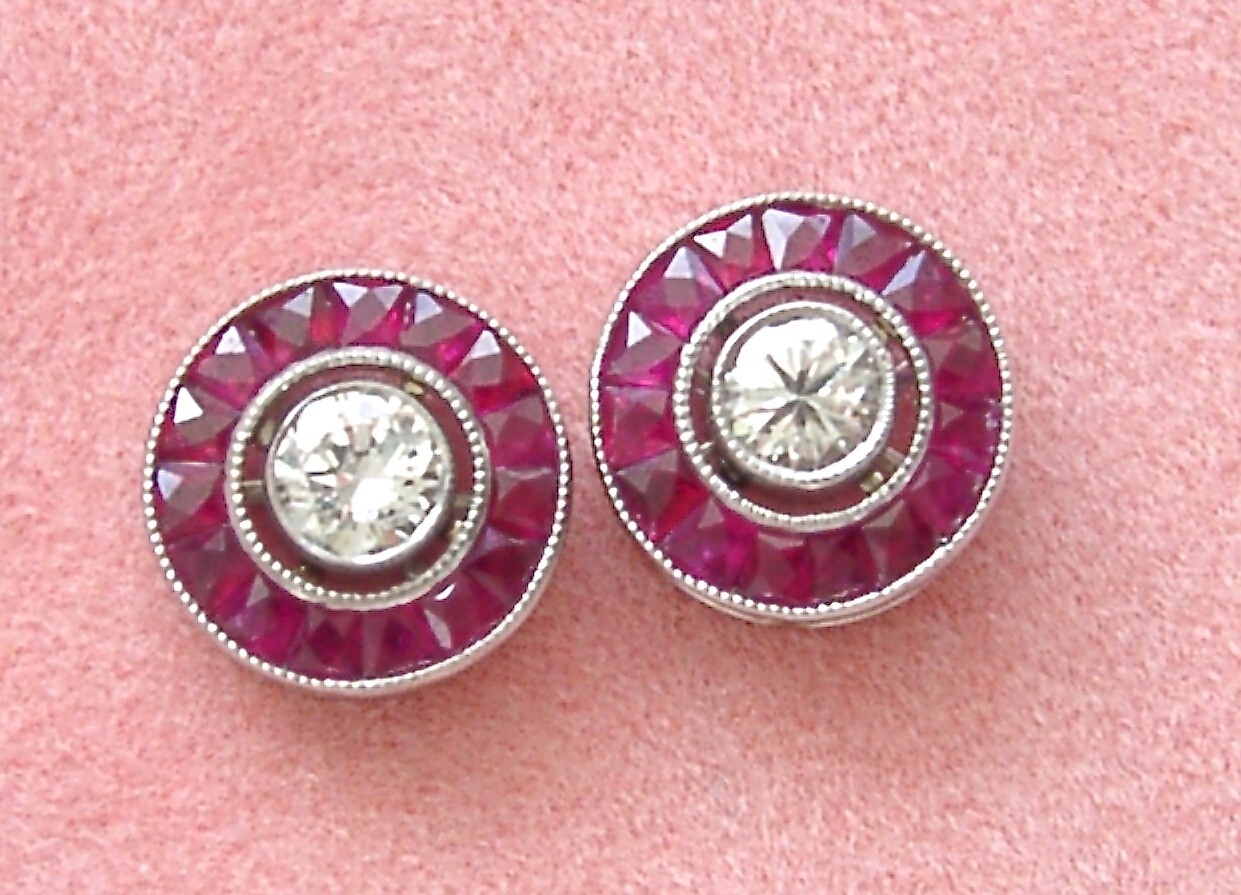 ART DECO STYLE .46ctw DIAMOND w/ RUBY HALO PLATINUM 9.5mm EVERYDAY STUD EARRINGS