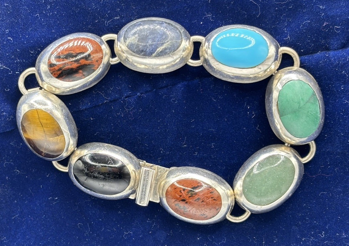 Vintage Sterling Silver And Gem Stone Bracelet Marked Mexico- Jeweler Checked!