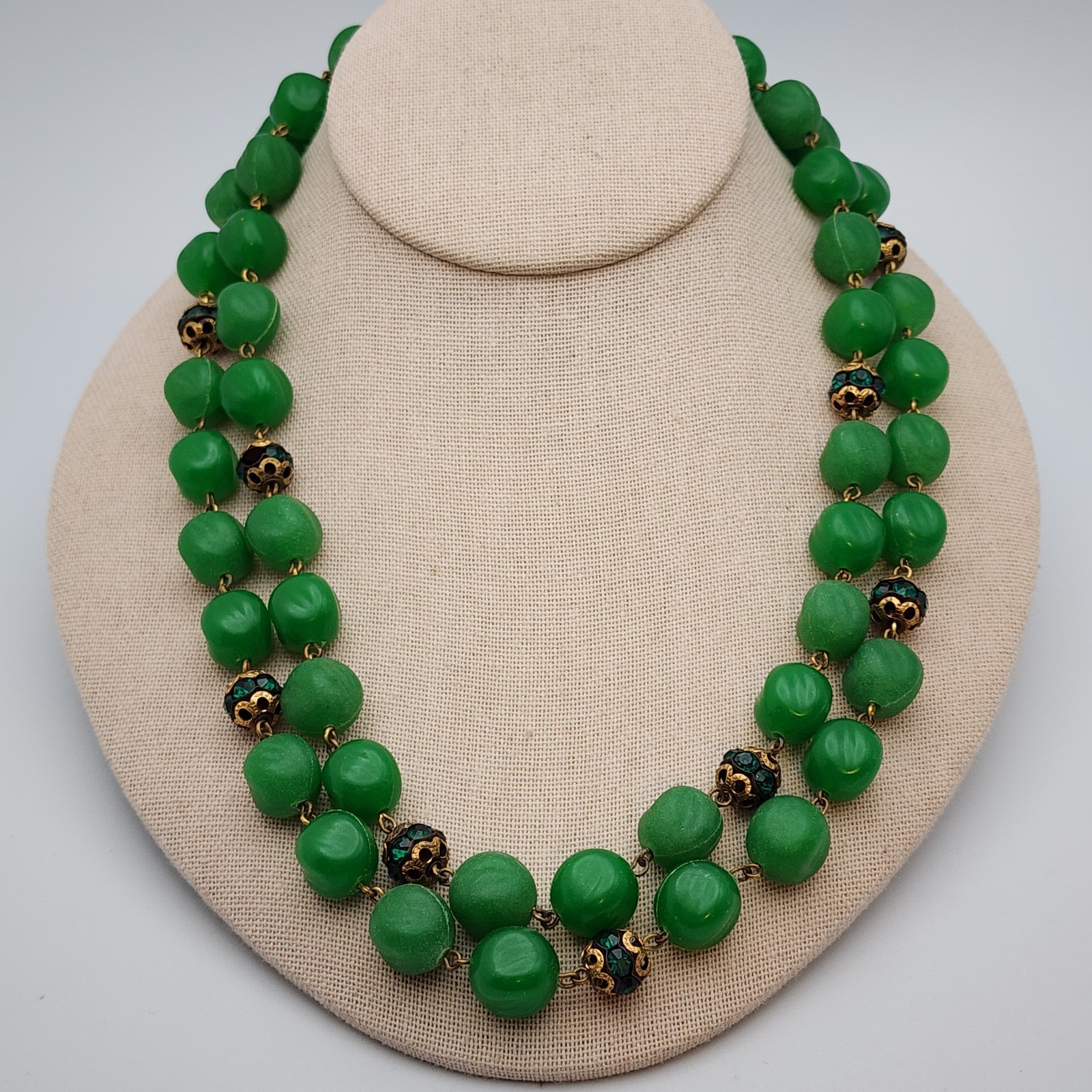 Vtg Green Austrian Crystal Molded Acrylic Bead Necklace 2 Strand 1950s Gold Tone