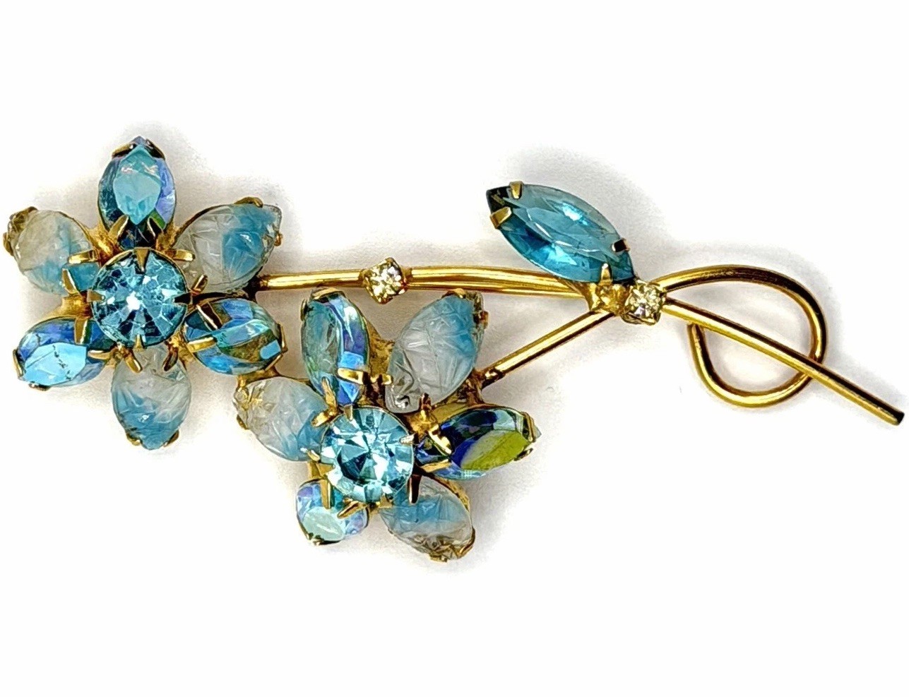 Vintage Blue Aqua Aurora Borealis Rhinestone Flower Brooch Pin Gold Tone MCM