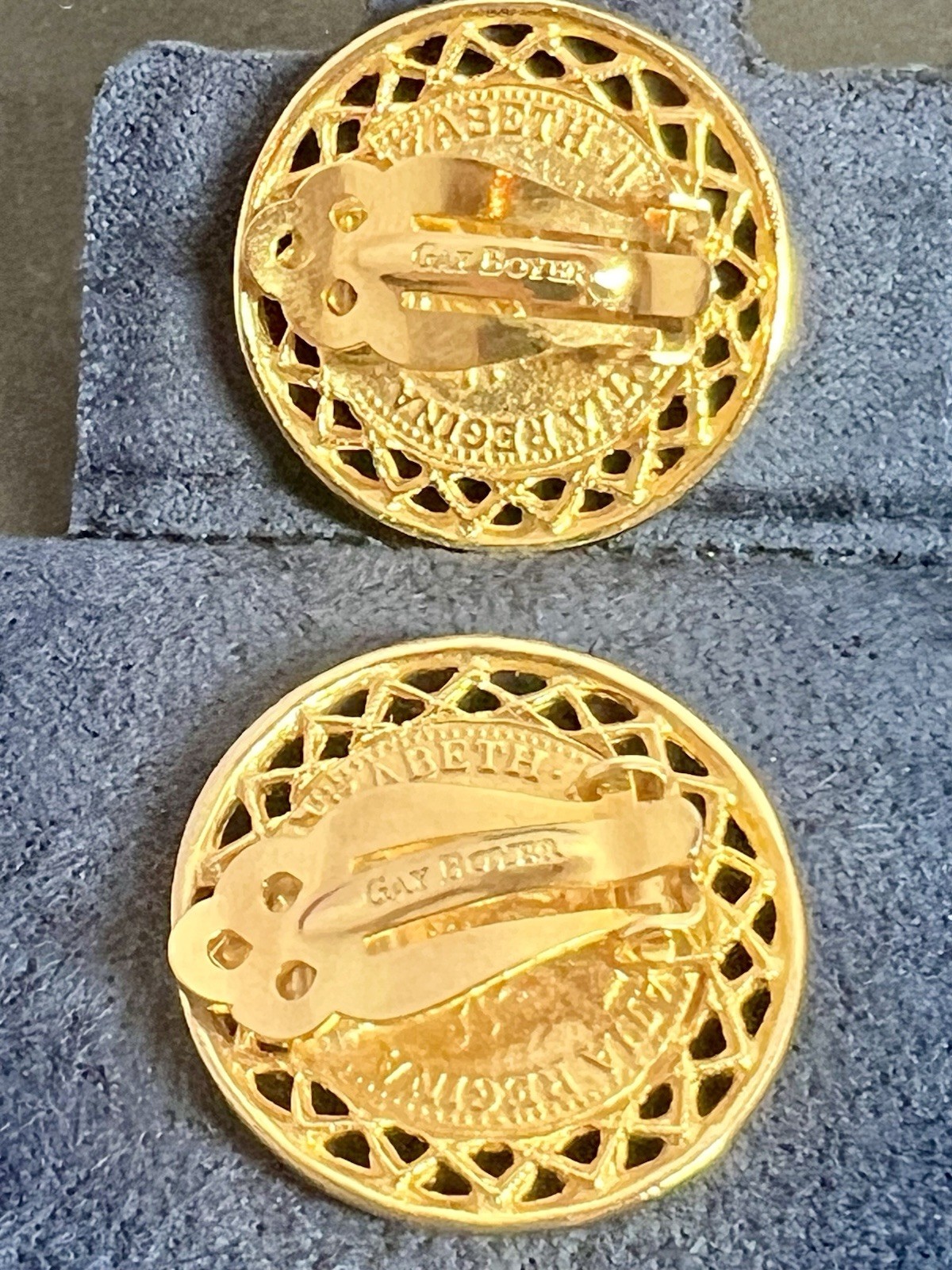 Gay Boyer Vintage Queen Elizabeth II Clip On Earrings Gold Tone 1”