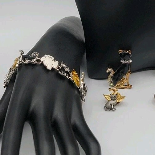 Cat Jewerly Lot 4 Kitty Pins Brooches Bracelet Sterling Silver Necklace