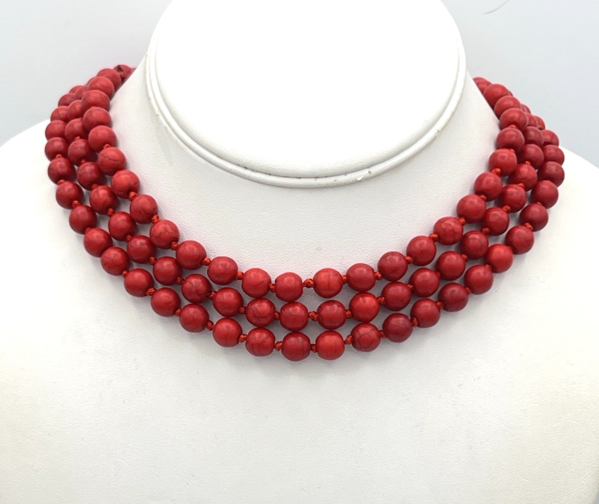 Vintage Hand Knotted Dyed Red Howlite Flapper Necklace 60 in