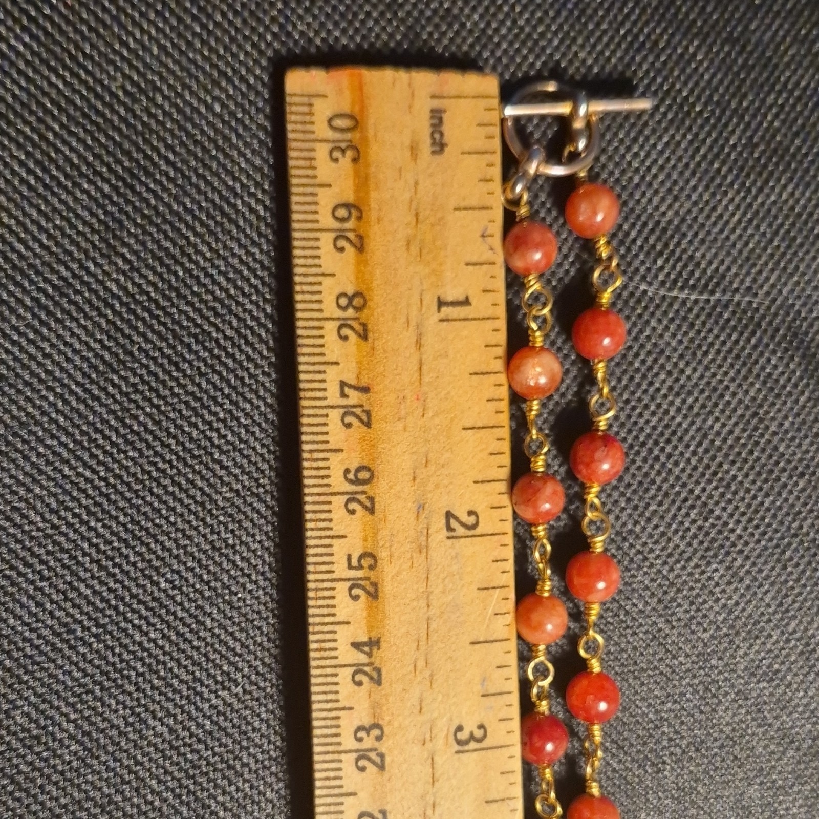 Beaded Necklace 18in Red Gold Glass Brass Floral Charm Pendant Toggle Closure