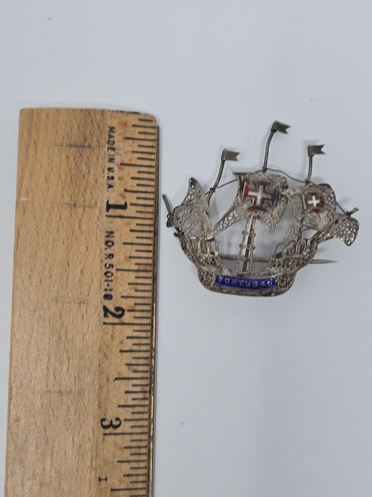 Old Portugal Silver Tone Sail Ship W/ Filigree Brooch Pin