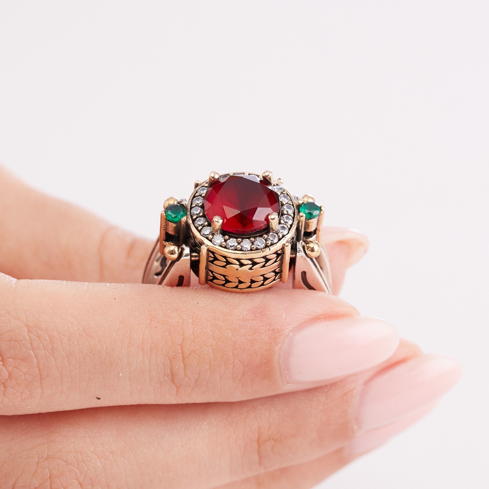Turkish Reversible Round Emerald and Ruby Topaz 925 Sterling Silver Ring
