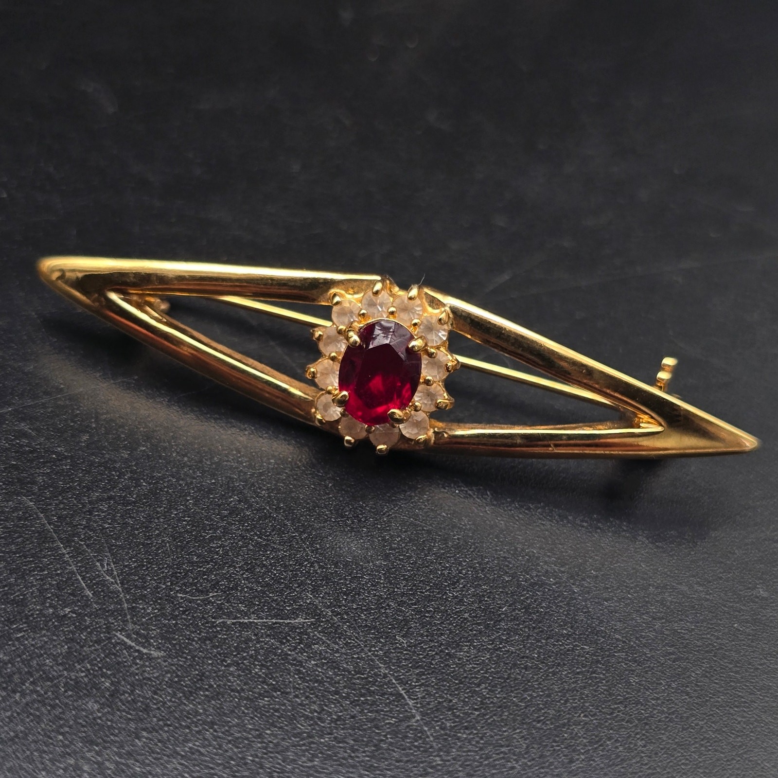 Red Rhinestone Art Deco Brooch Gold Tone Vintage Costume Jewelry