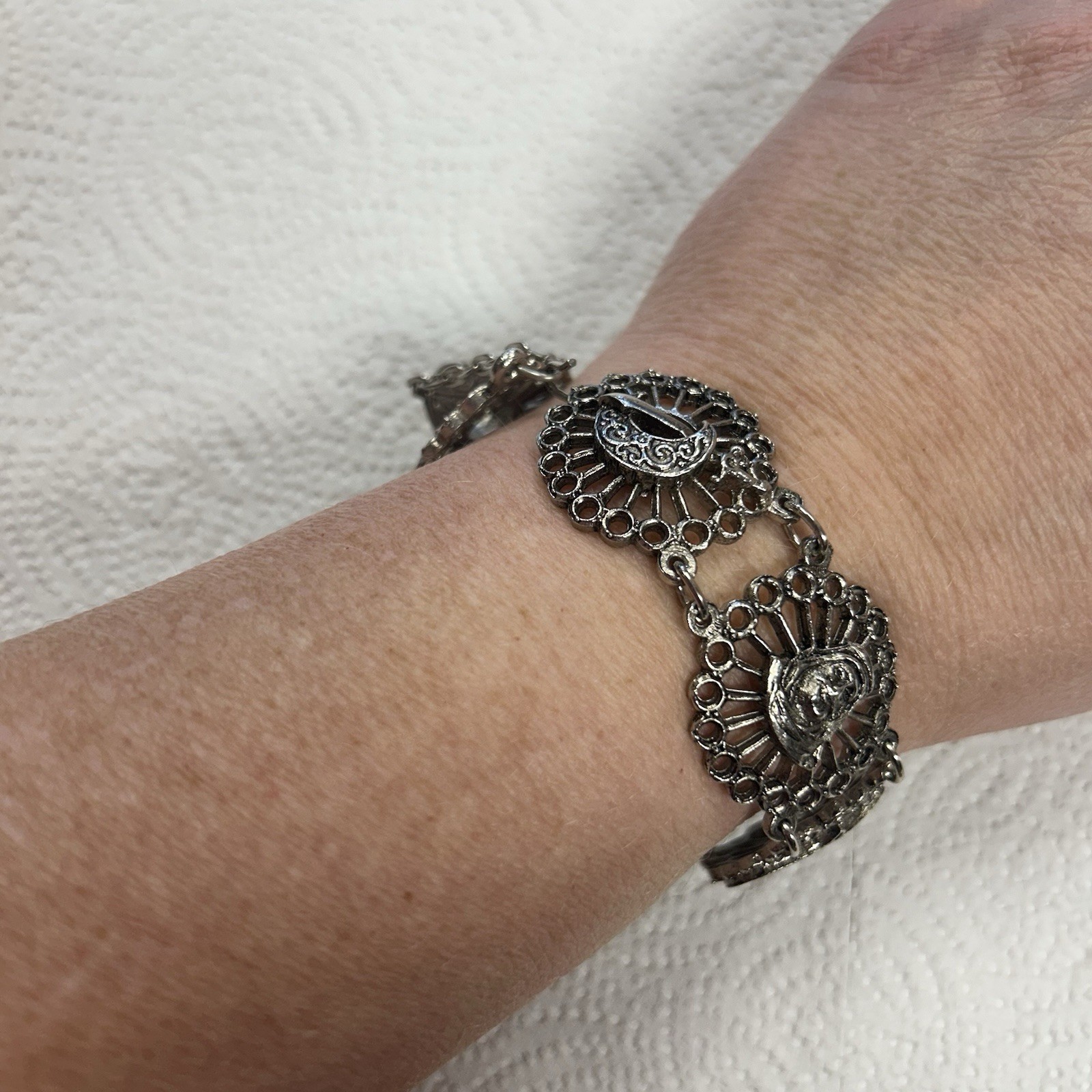 Vintage Souvenir Du Maroc Silver Bracelet Armenian Hamsa Moon Star Camel Travel