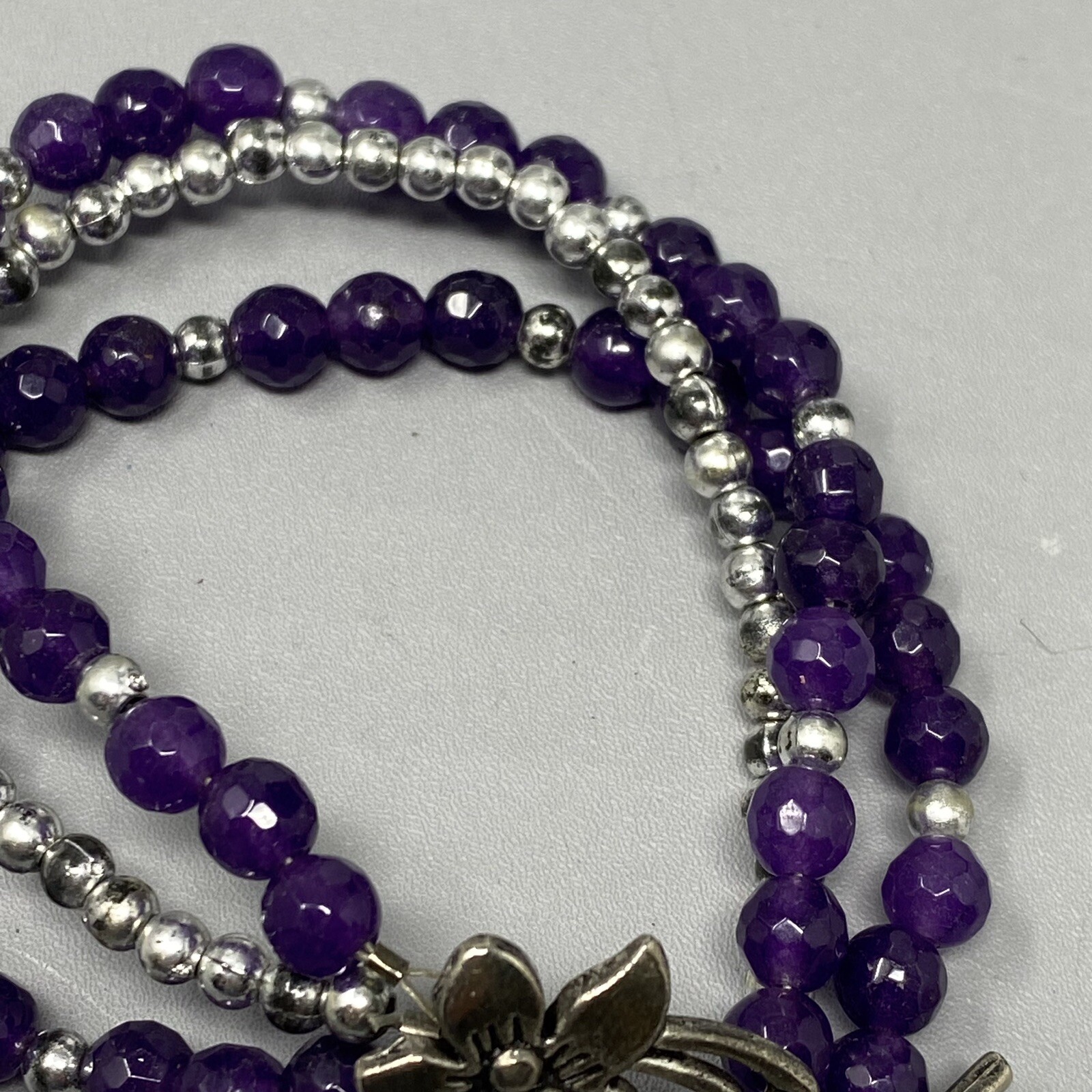 Amethyst Bracelet Purple Gemstone Faceted Stone Beads Layered Flower Toggle 6.75