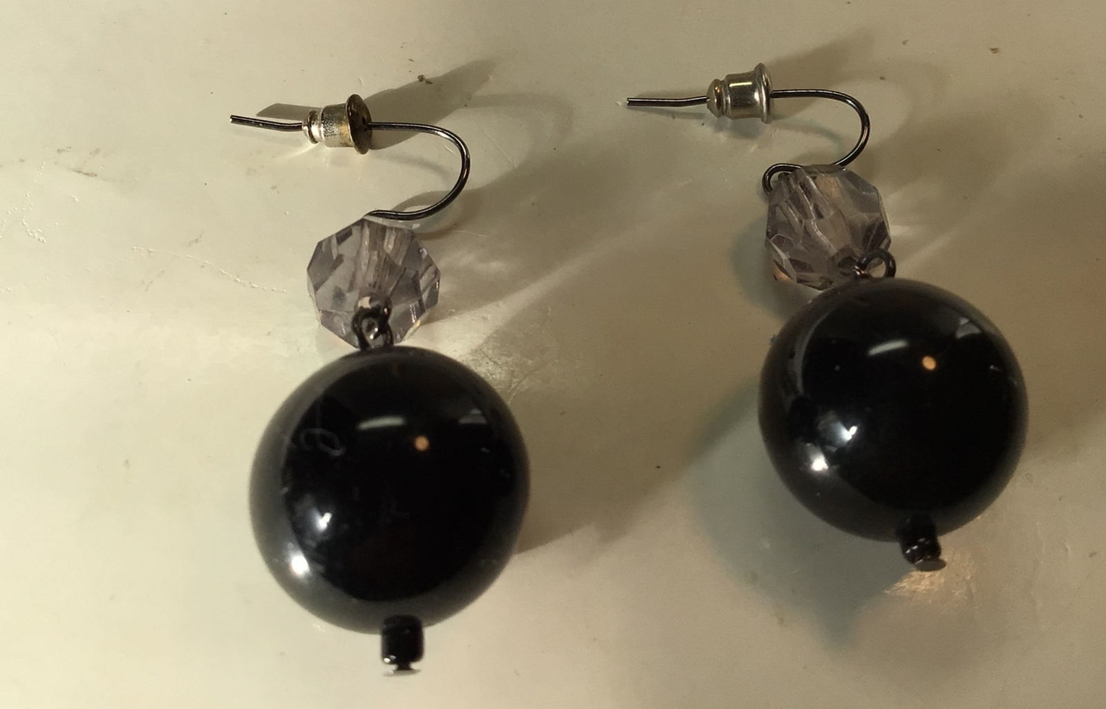 Vintage Statement Earring, Black Balls And Grayish Clear Beads. For Pierced Ears