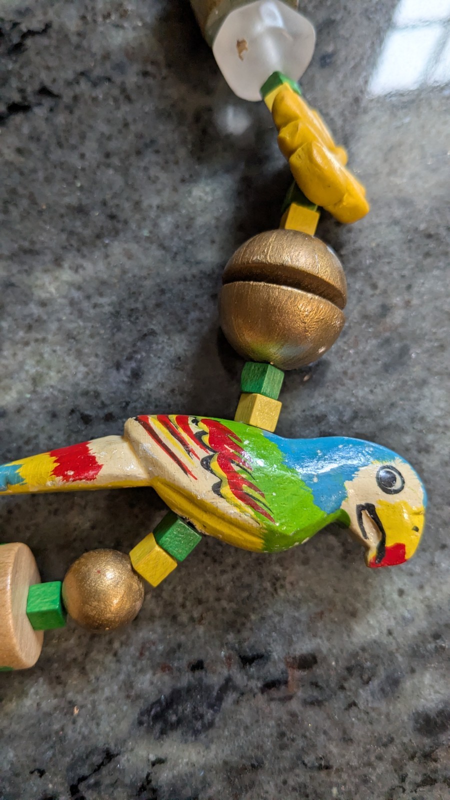 Vintage 1970 Parrot Carved Bird Tropical Theme Necklace Wood Beads Hand Painted