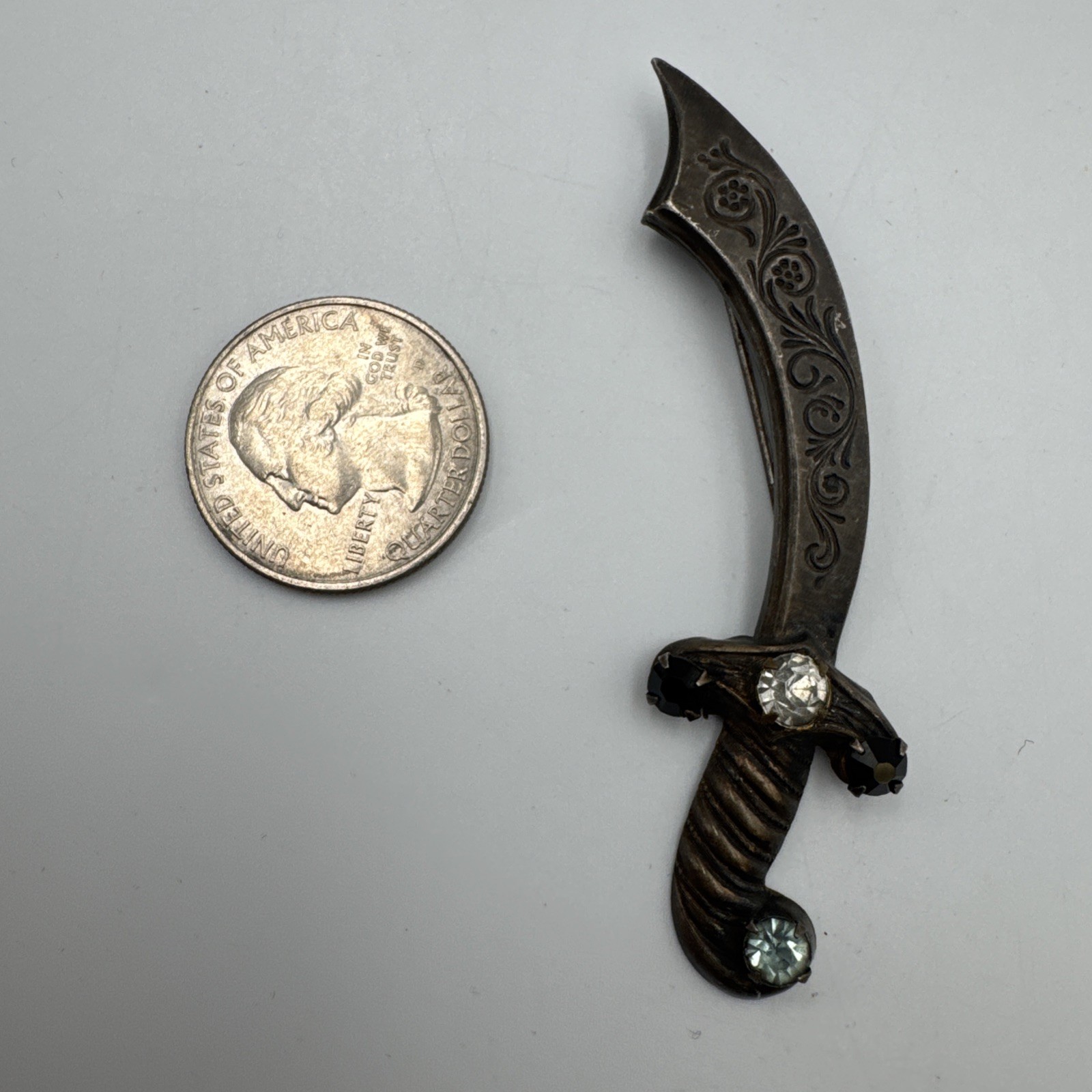 Sterling Silver 925 Light Blue & Teal CZ Stone VTG Scimitar Sword 3″ Brooch 4.2g