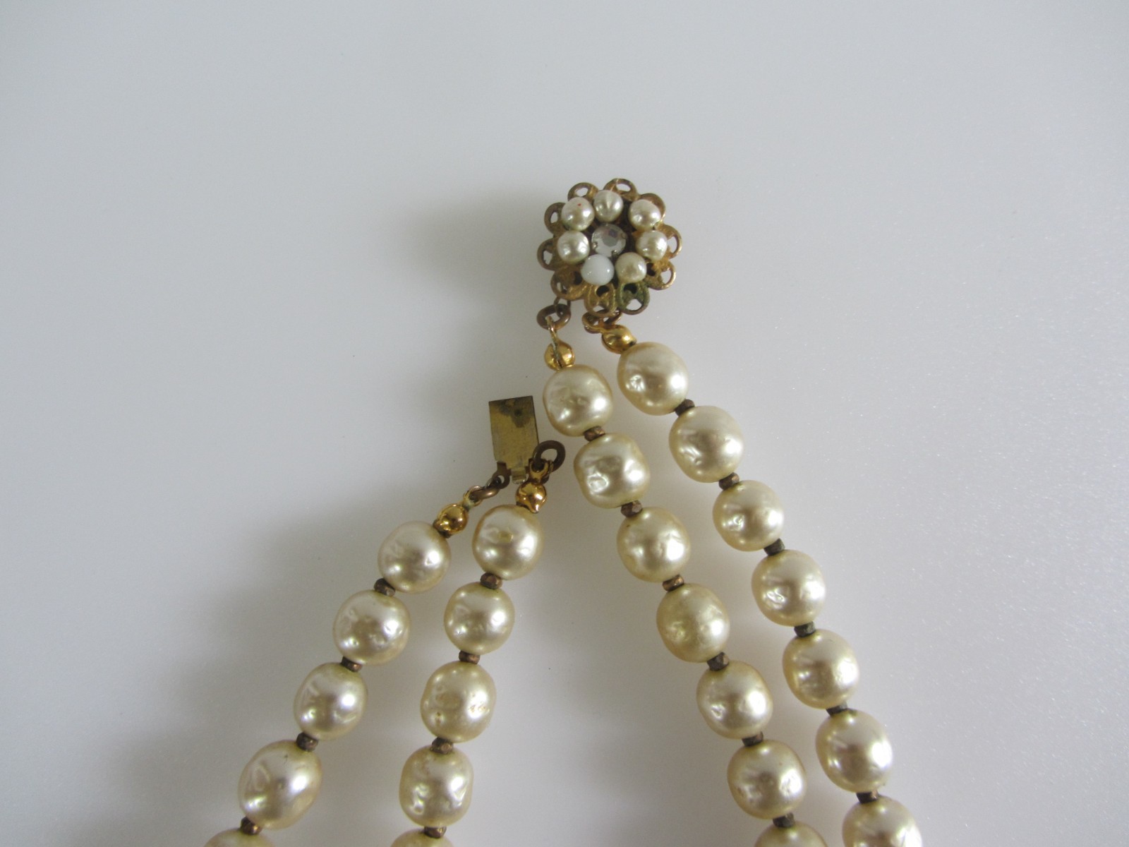 Vintage Signed Miriam Haskell Double Strand Pearl Necklace with Ornate Leaf Pend