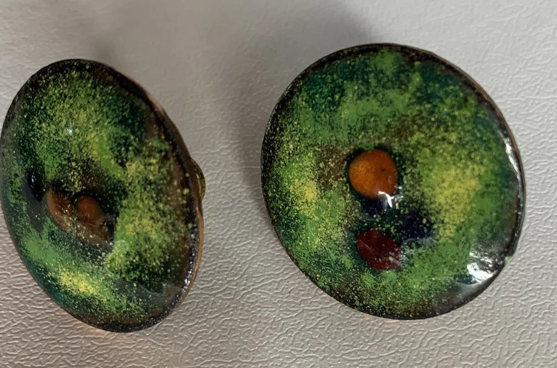Vtg Estate MCM Earrings Enamel on Copper Screw On Round Discs Earthtones