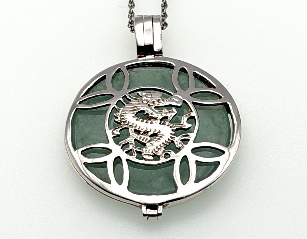 Vintage Sterling Silver Jadeite Jade Dragon Pendant Chinese Necklace 20” Chain