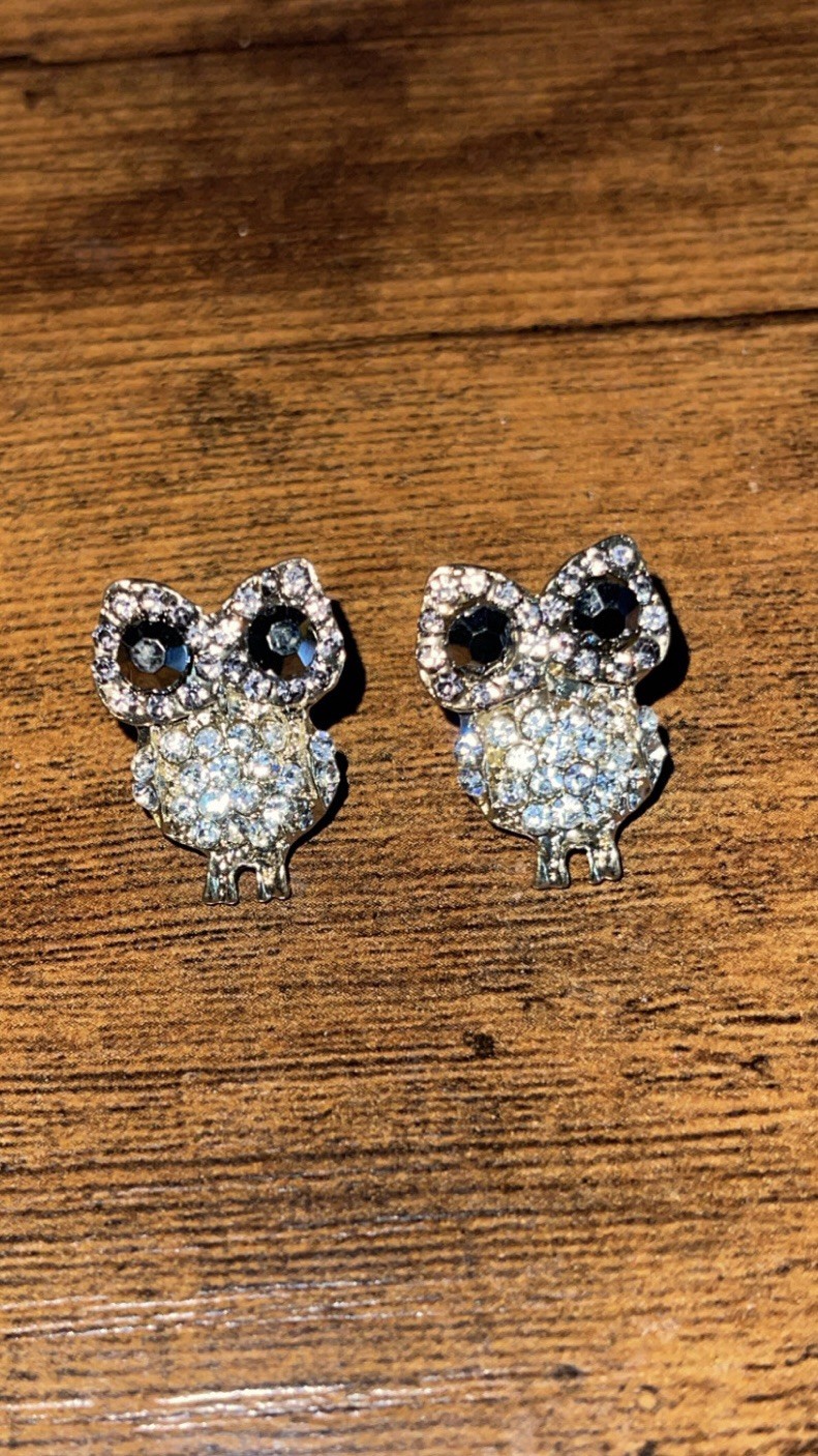 Vintage Estate Owl Rhinestone Cocktail Statement Ring & Sparkly Stud Earrings