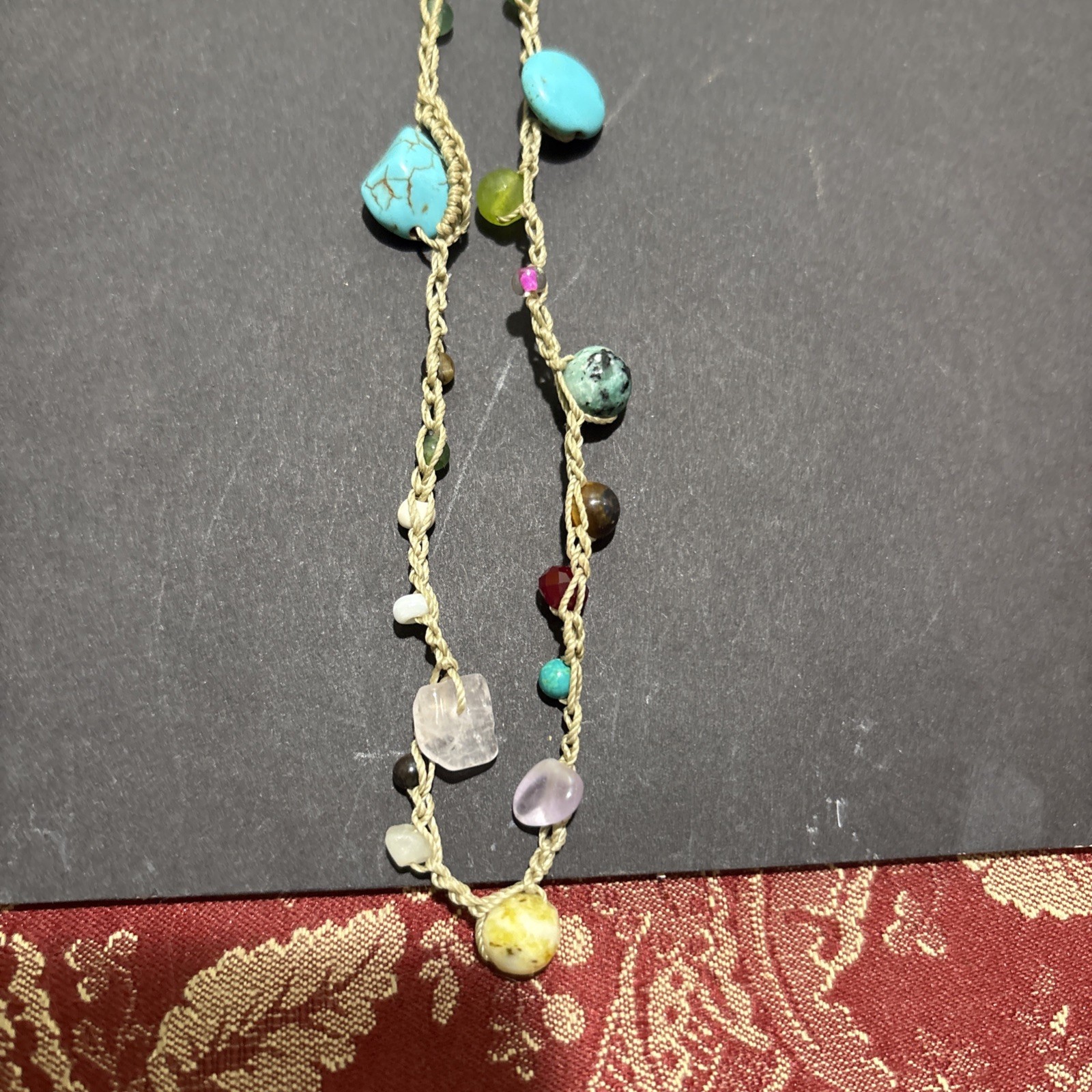 VTG HANDMADE BOHEMIAN STYLE HEMP CORD NECKLACE WITH NATURAL GEMSTONES 40″