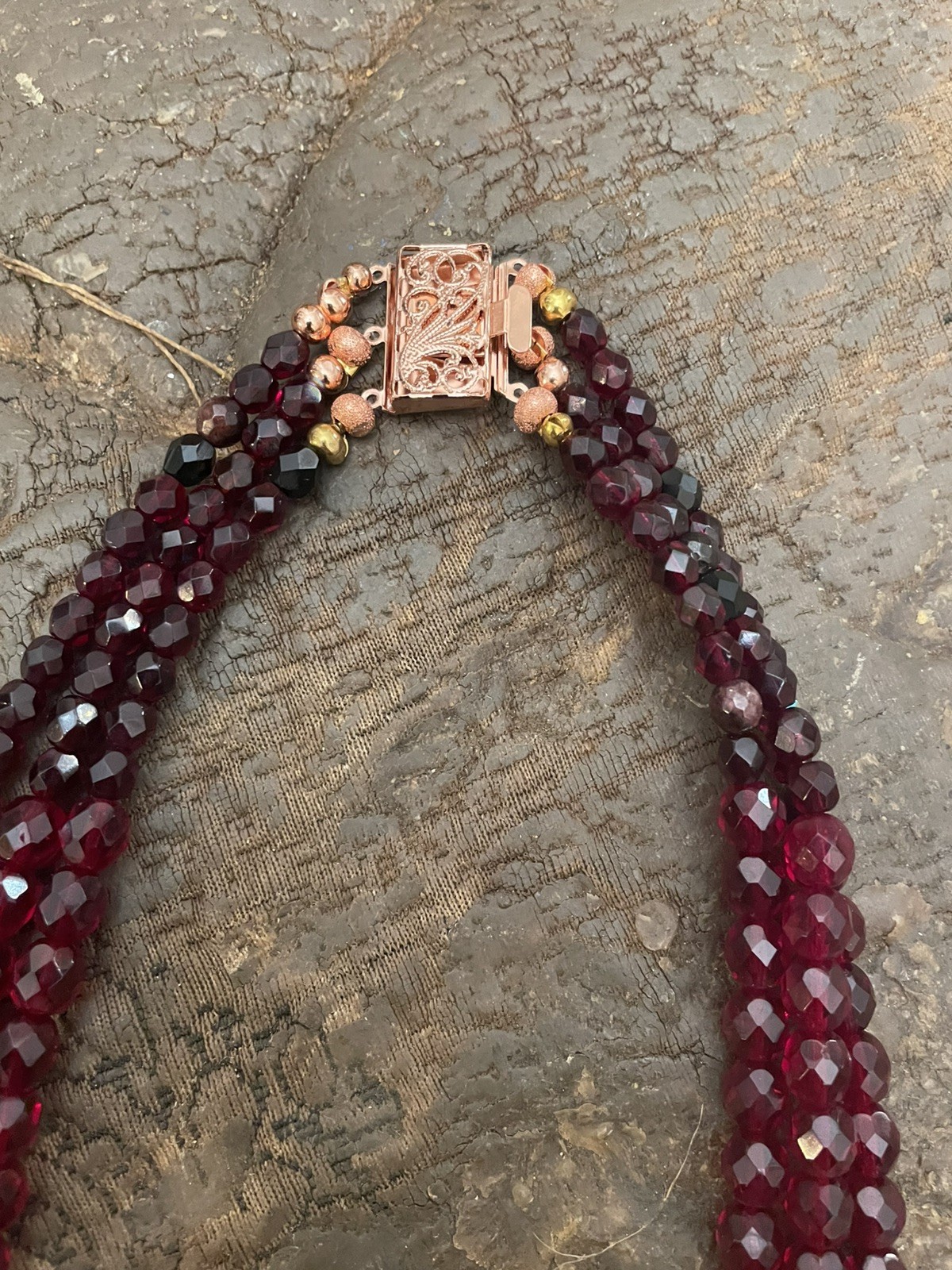 Retro Bordeaux Garnet Czech Fire Polished Faceted Crystal Bead 3-Strand Necklace