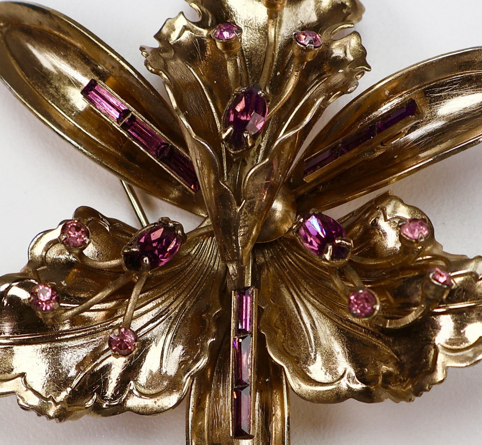 Vintage Iris Orchid Brooch Purple Rhinestones Baguettes Round Gold Tone Flower