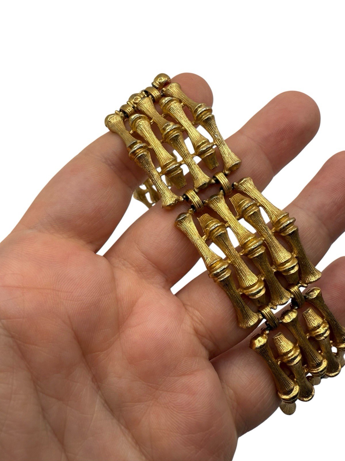 Vintage 70’s Gold Tone Bamboo Textured Panel Bracelet By Emmons