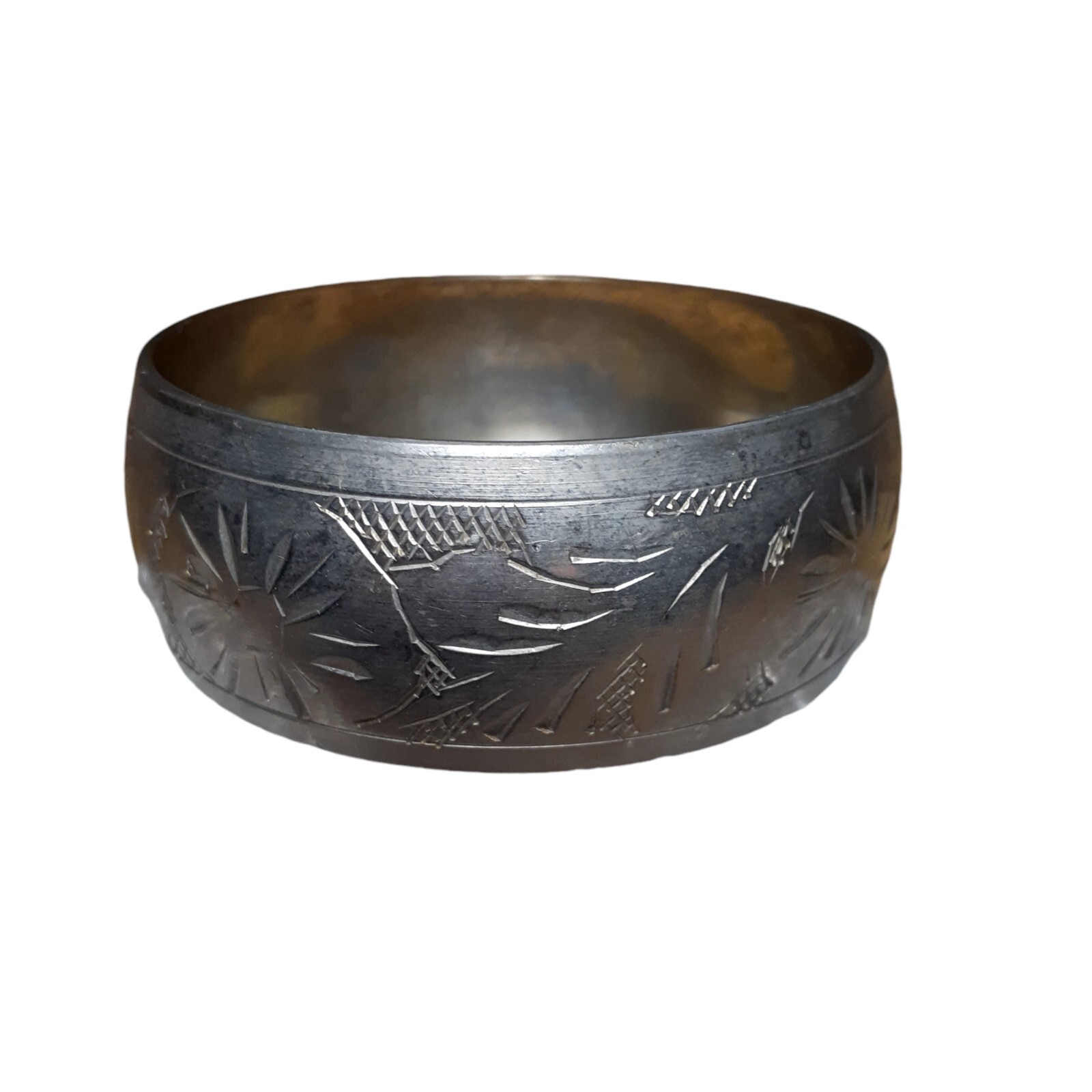 Vintage Etched Wide Bangle Bracelet Silver or Pewter1″ Tarnished